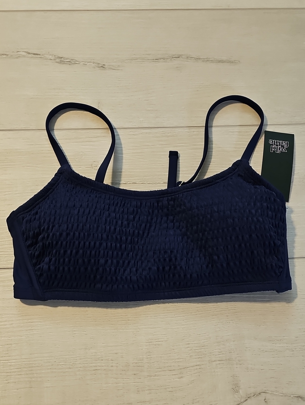 Wild Fable Women's D/DD (M) Navy Smocked Bralette Style Swim Top with Tie Back